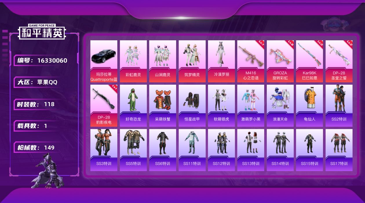 和平精英账号苹果QQ[16330060]【特价出售/店主推荐】苹果 手Q-4粉装-5特效枪-1载具-1粉色飞行器-4.8热力值-4王牌印记-118套装-149枪皮
【热门品类】：套装-浪漫天命，套装-龟仙人
【粉色套装】