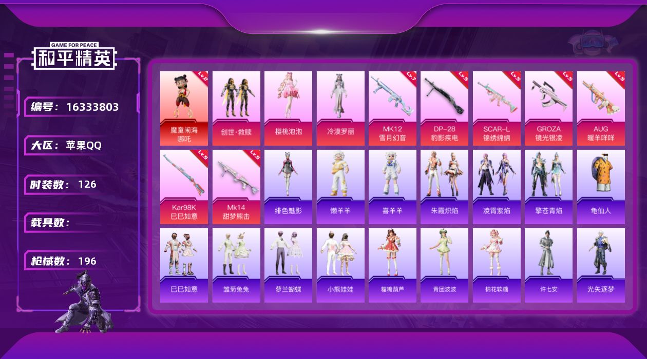 和平精英账号苹果QQ[16333803]【店主推荐捡漏号！可直接换绑】苹果 手Q-1神装-3粉装-7特效枪-0载具-3粉色飞行器-57447热力值-11王牌印记-126套装-196枪皮【红色神装等级】：魔童闹海-哪吒(二
