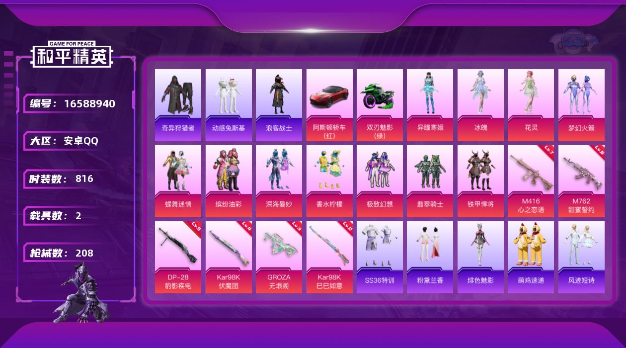 和平精英账号安卓QQ2载具-213套装-208枪皮-2载具-213套装-208枪皮-战神框 猪妹 奇异狩猎者 3稀有2载