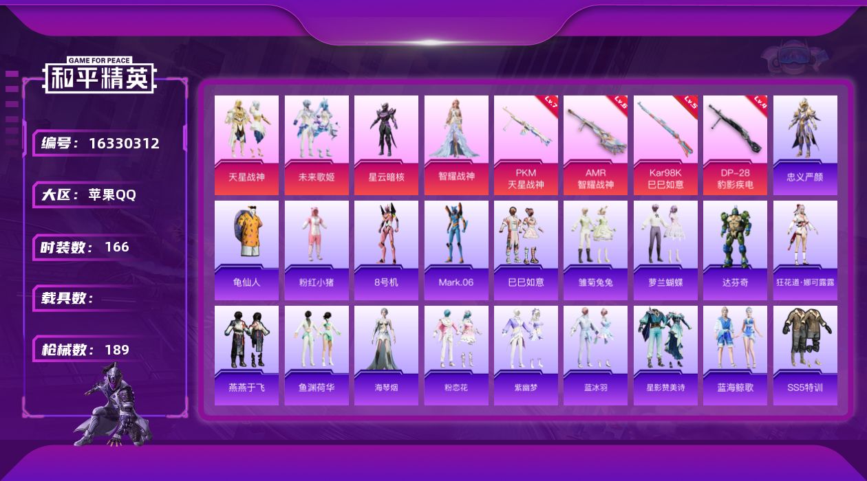 和平精英账号苹果QQ[16330312]【特价出售/店主推荐】苹果 手Q-4粉装-4特效枪-0载具-0粉色飞行器-61211热力值-9王牌印记-166套装-189枪皮
【热门品类】：角色-忠义严颜，套装-龟仙人，套装-粉