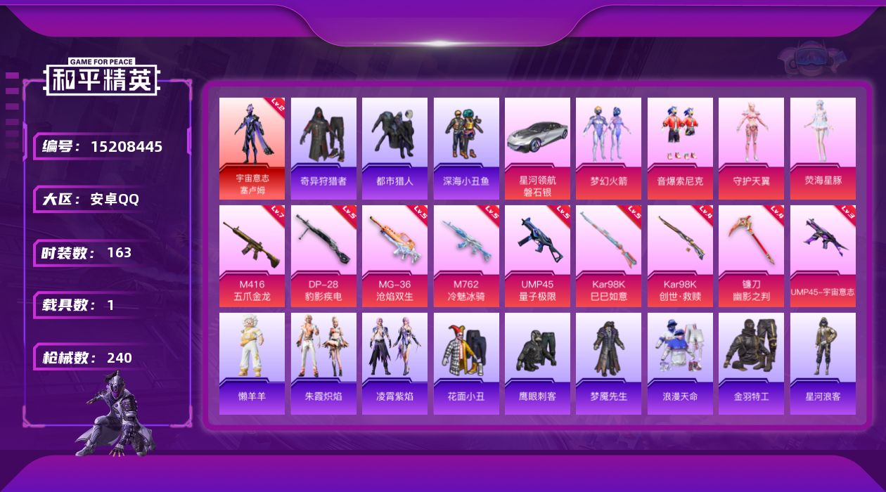 和平精英账号安卓QQ[15208445]安卓-满天赋手Q-1神装-4粉装-9特效枪-1载具-3粉色飞行器-76406热力值-12王牌印记-163套装-240枪皮
【红色神装等级】：宇宙意志-塞卢姆(二级)
【红色角色神装