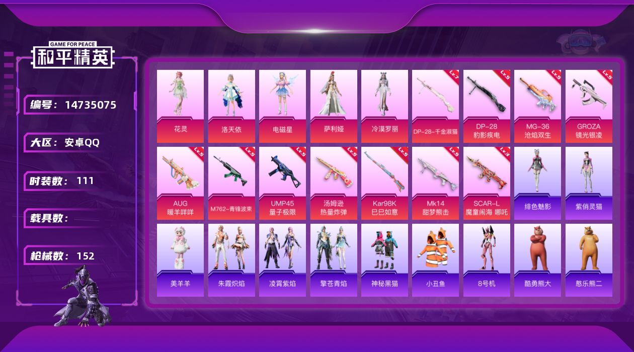 和平精英账号安卓QQ[14735075]安卓 手Q-5粉装-11特效枪-0载具-3粉色飞行器-49669热力值-6王牌印记-111套装-152枪皮
【热门品类】：套装-小丑鱼，角色-8号机
【粉色套装】：角色-洛天依，角