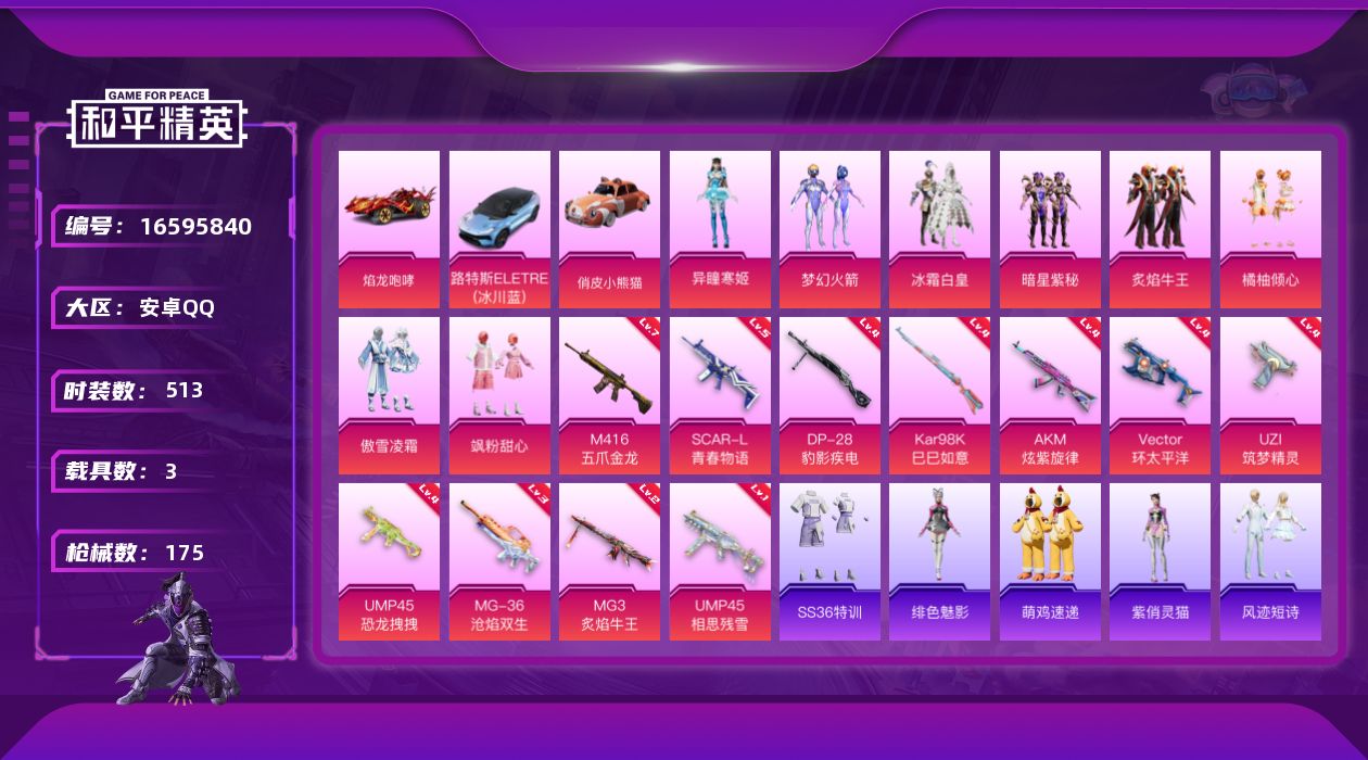 和平精英账号安卓QQ3载具-136套装-175枪皮-3载具-136套装-175枪皮-1稀有3载具8粉装11特效枪15热门