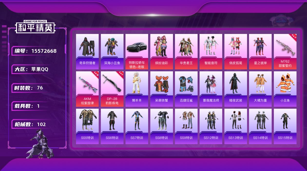 和平精英账号苹果QQ[15572668]TY539-包人脸-猪脸-连体王者17传说-1天幕-苹果 手Q-5粉装-3特效枪-1载具-3粉色飞行器-36757热力值-2王牌印记-76套装-102枪皮
【热门品类】：粉装-缤纷