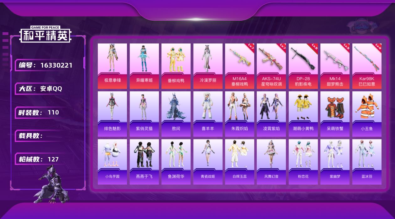 和平精英账号安卓QQ[16330221]【店主推荐捡漏号！可直接换绑】地铁满天赋 安卓 手Q-4粉装-5特效枪-0载具-1粉色飞行器-38625热力值-3王牌印记-110套装-127枪皮
【热门品类】：套装-小丑鱼，套装