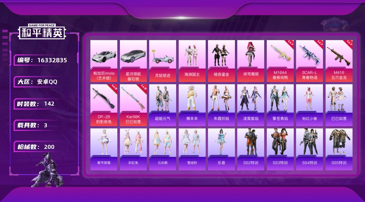 和平精英账号安卓QQ[16332835]【特价出售/店主推荐】安卓 手Q-3粉装-5特效枪-3载具-2粉色飞行器-6.7w热力值-15王牌印记-142套装-200枪皮
【热门品类】：套装-粉红小猪
【粉色套装】：粉装-海