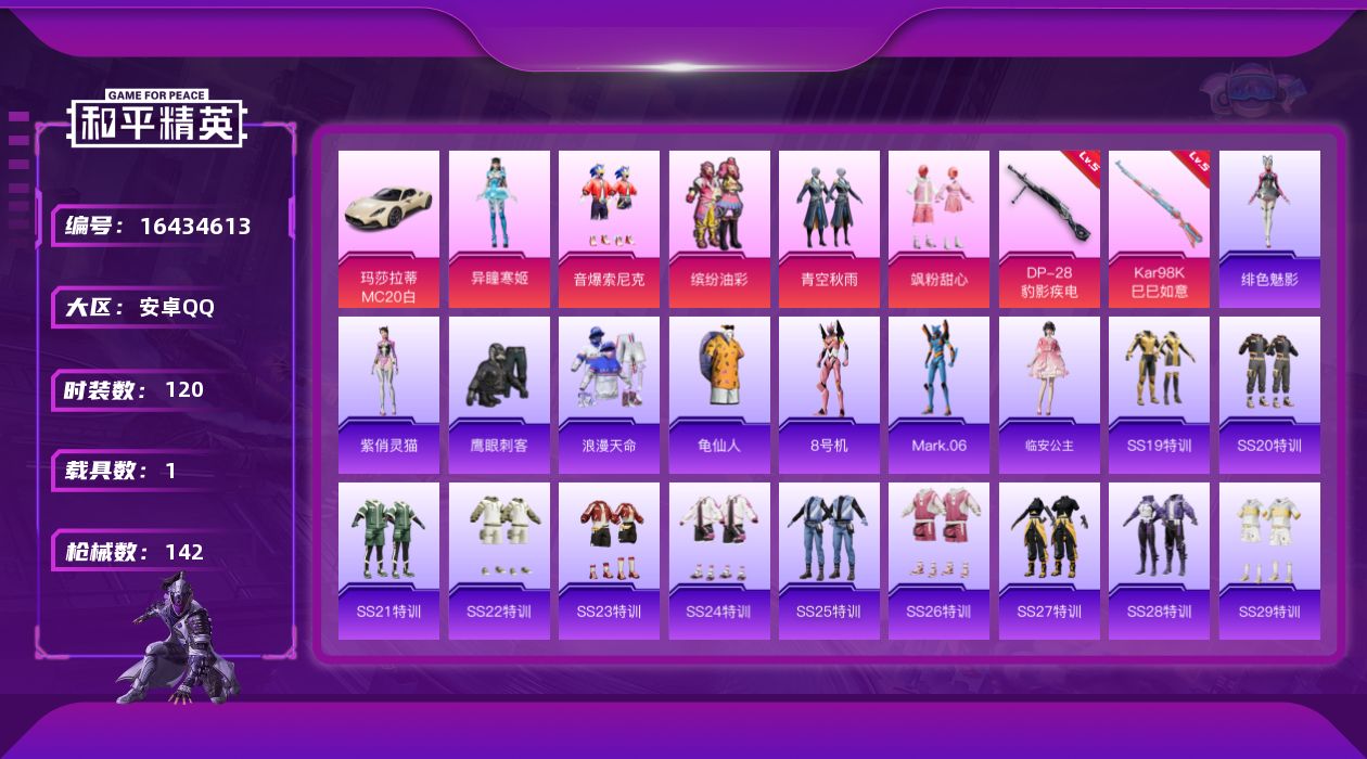 和平精英账号安卓QQ[16434613]【店主推荐捡漏号！可直接换绑】安卓 手Q-5粉装-2特效枪-1载具-1粉色飞行器-43242热力值-5王牌印记-120套装-142枪皮【热门品类】：粉装-音爆索尼克，粉装-缤纷油彩