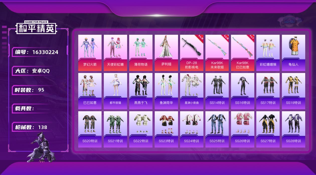 和平精英账号安卓QQ[16330224]【特价出售/店主推荐】安卓 手Q-4粉装-3特效枪-0载具-3粉色飞行器-41162热力值-9王牌印记-95套装-138枪皮
【热门品类】：粉装-梦幻火箭，套装-龟仙人
【粉色套装