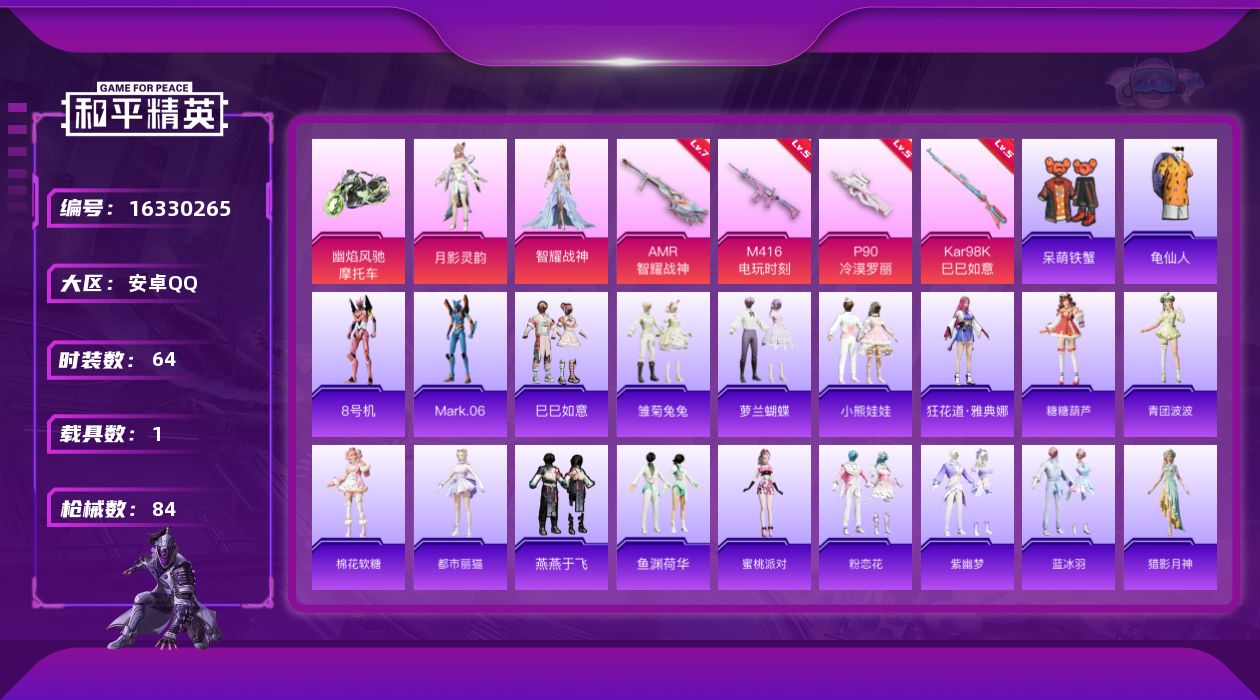 和平精英账号安卓QQ[16330265]【特价出售/店主推荐】 安卓 手Q-2粉装-4特效枪-1载具-0粉色飞行器-28238热力值-5王牌印记-64套装-84枪皮
【热门品类】：套装-龟仙人，角色-8号机，角色-Mar