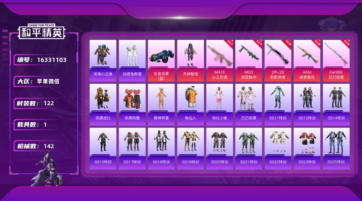 和平精英账号苹果微信[16331103]【特价出售/店主推荐】苹果 微信-1粉装-5特效枪-1载具-2粉色飞行器-43201热力值-11王牌印记-122套装-142枪皮
【热门品类】：套装-深海小丑鱼，套装-动感兔斯基人