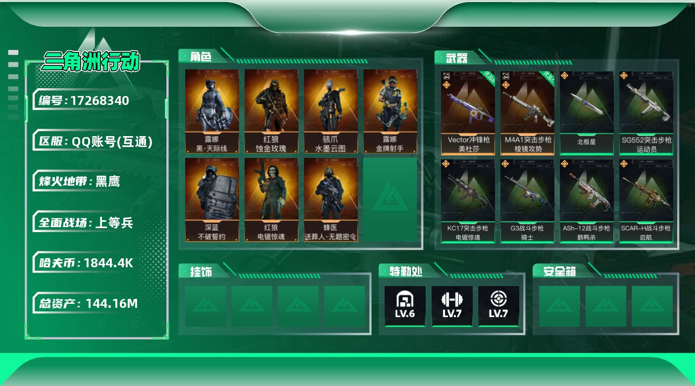 三角洲行动账号QQABC11338/QQ区/钱包可注销/【总资产：144.42M+哈夫币：184W+近战武器-北极星+