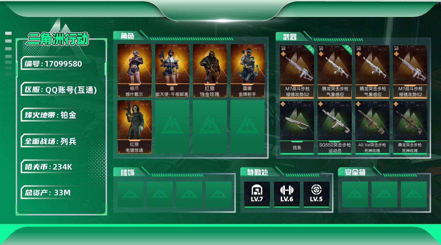 三角洲行动账号QQ33m总资产-234k哈伏币-60烽火等级-铂金-13战场等级-列兵
【干员外观】：红狼-蚀金玫瑰，