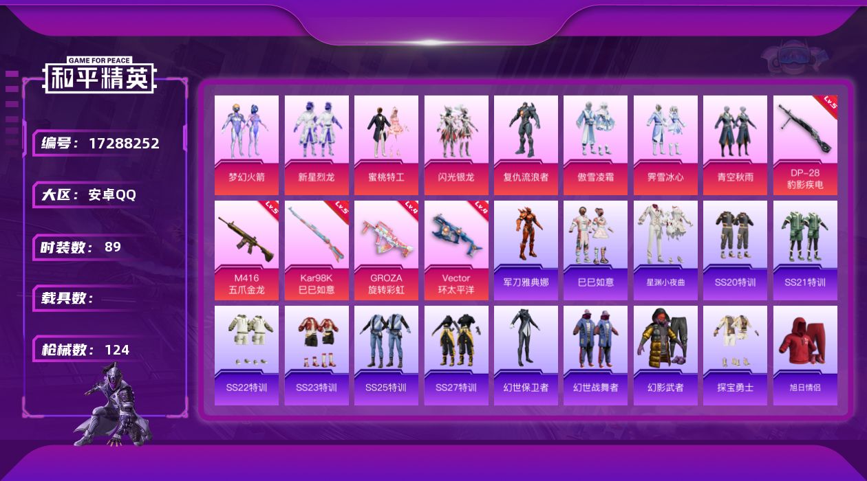 和平精英账号安卓QQ[17288252]安卓 手Q-9粉装-7特效枪-0载具-1粉色飞行器-40079热力值-1王牌印记-89套装-124枪皮
【热门品类】：粉装-梦幻火箭，角色-军刀雅典娜
【粉色套装】：粉装-梦幻火箭