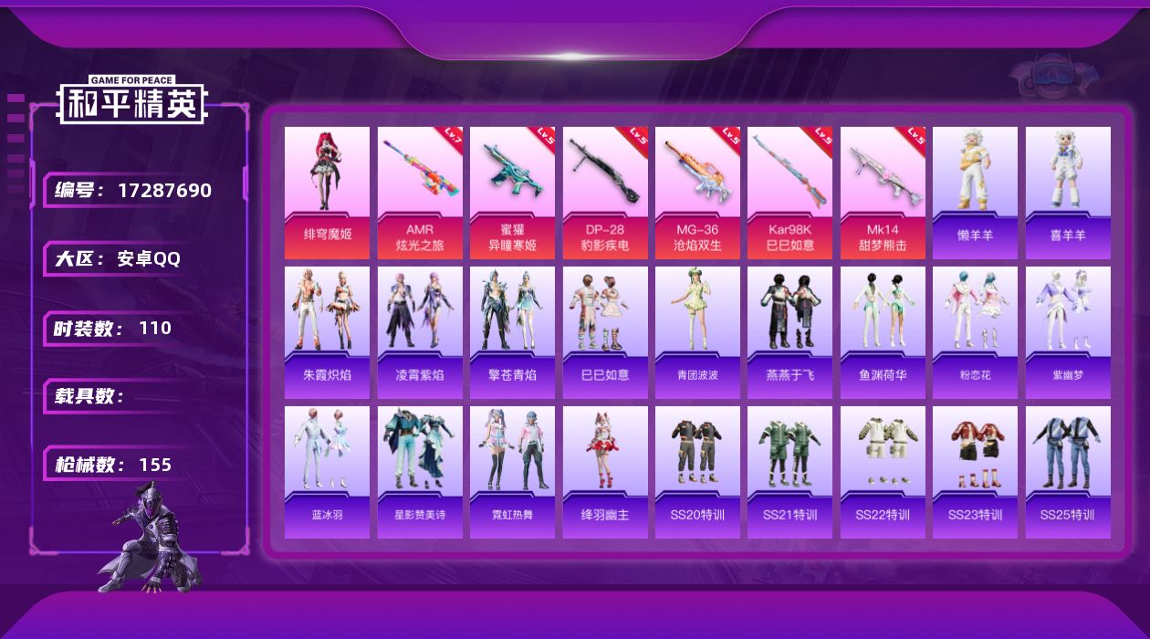 和平精英账号安卓QQ[17287690]安卓 手Q-2粉装-8特效枪-0载具-0粉色飞行器-41636热力值-6王牌印记-110套装-155枪皮
【粉色套装】：角色-绯穹魔姬，角色-辉云木星
【粉色枪皮等级】：蜜獾-异瞳