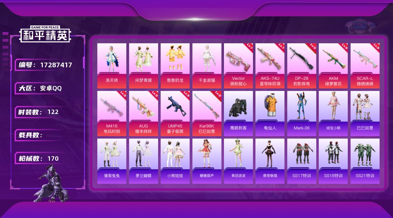 和平精英账号安卓QQ[17287417]安卓 手Q-4粉装-9特效枪-0载具-2粉色飞行器-52644热力值-17王牌印记-122套装-170枪皮
【热门品类】：套装-龟仙人，角色-Mark.06
【粉色套装】：角色-洛