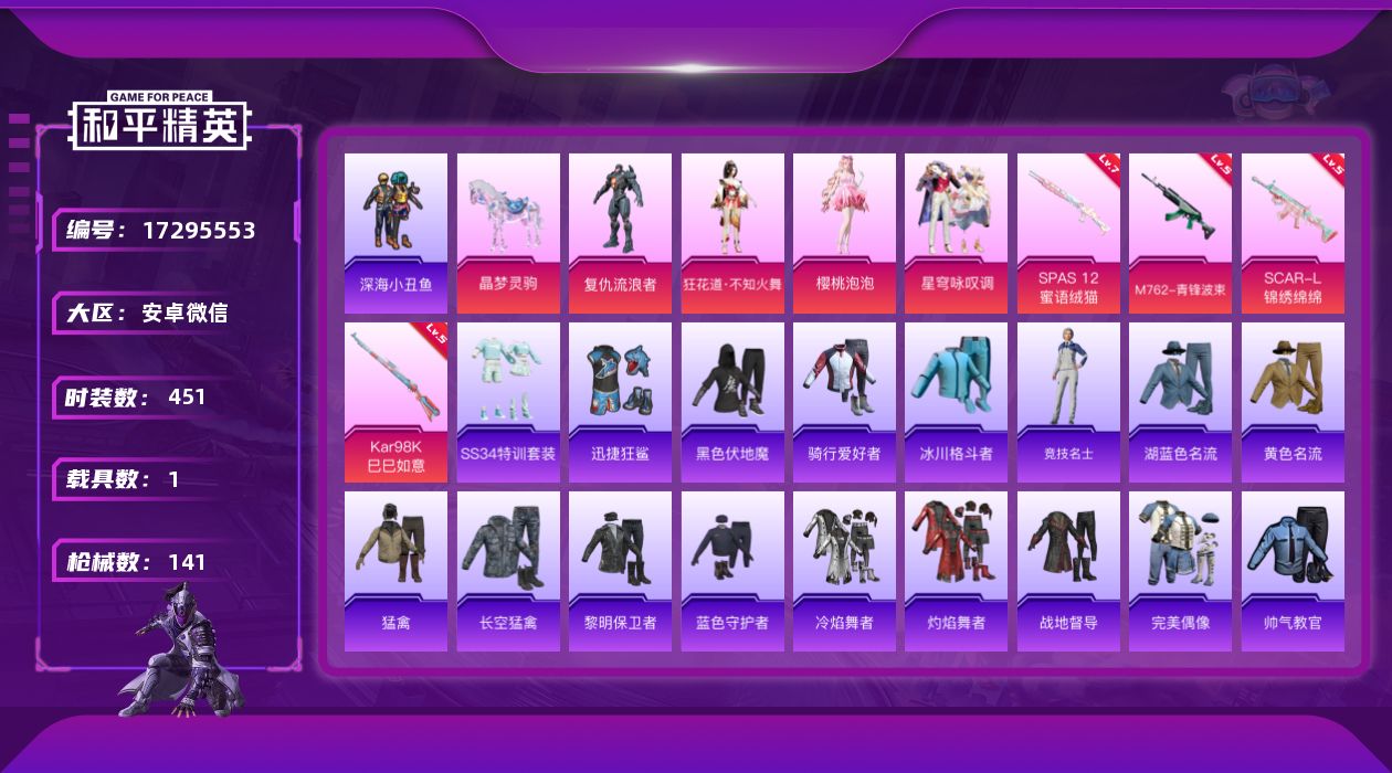 和平精英账号安卓微信[17295553]4粉装 4特效枪 1载具 9印记 可二次 可修改实名 
【热门装扮】狂花道·不知