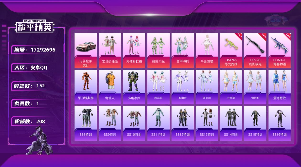 和平精英账号安卓QQ[17292696]安卓 手Q-6粉装-5特效枪-1载具-0粉色飞行器-62674热力值-12王牌印记-152套装-208枪皮
【热门品类】：角色-军刀雅典娜，套装-龟仙人
【粉色套装】：粉装-宝贝奶
