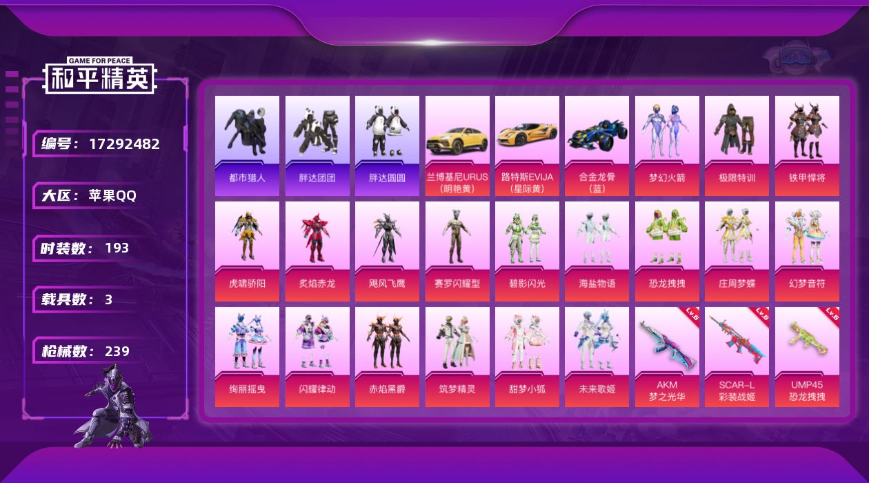 和平精英账号苹果QQ[17292482]苹果 手Q-18粉装-13特效枪-3载具-6粉色飞行器-89212热力值-11王牌印记-193套装-239枪皮
【热门品类】：粉装-梦幻火箭，套装-都市猎人，套装-胖达团团，套装-