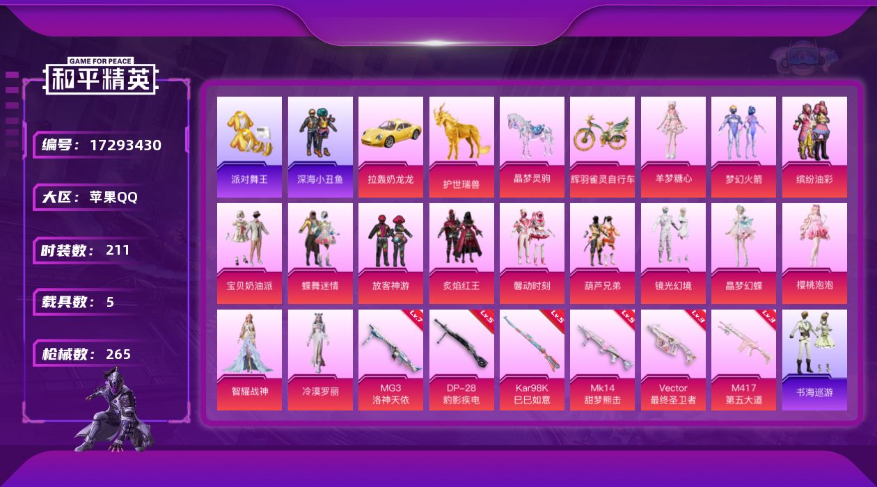 和平精英账号苹果QQ[17293430]苹果 手Q-1神装-16粉装-11特效枪-5载具-10粉色飞行器-99085热力值-18王牌印记-211套装-265枪皮
【红色神装等级】：暮色玫影-艾丽娅(二级)
【红色角色神装