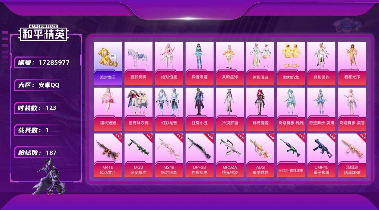 和平精英账号安卓QQ[17285977]安卓 手Q-16粉装-16特效枪-1载具-6粉色飞行器-67031热力值-10王牌印记-123套装-187枪皮
【热门品类】：套装-派对舞王，角色-8号机，套装-红熊茄茄
【粉色套