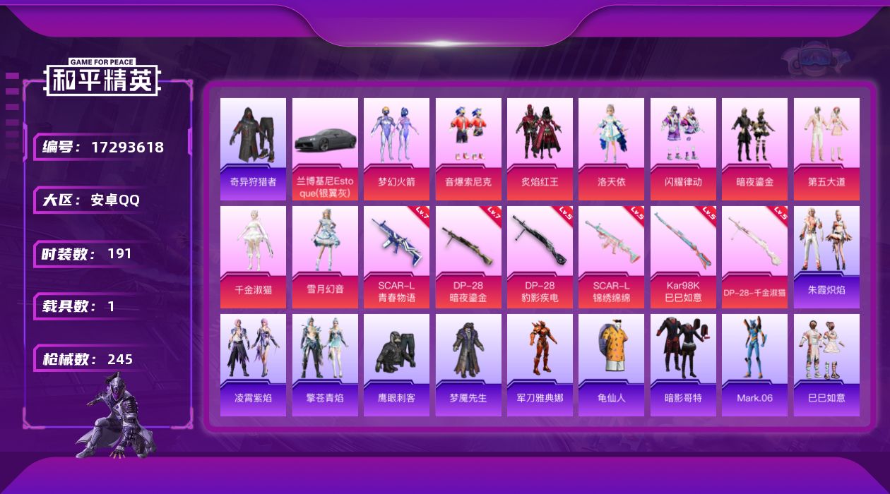 和平精英账号安卓QQ[17293618]安卓 手Q-1神装-9粉装-8特效枪-1载具-4粉色飞行器-79384热力值-16王牌印记-191套装-245枪皮
【红色神装等级】：暮色玫影-艾丽娅(二级)
【红色角色神装】：暮