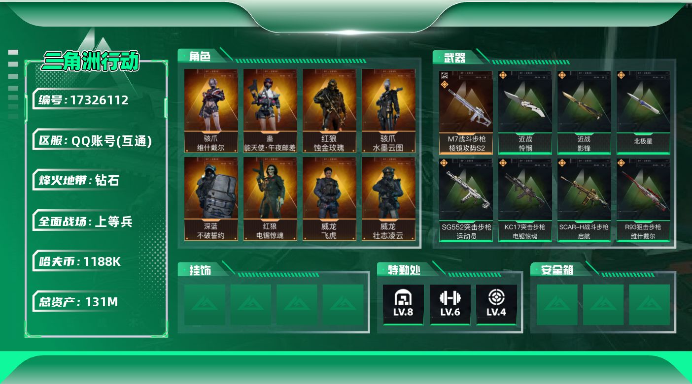 三角洲行动账号QQ总资产：131.3M, 哈夫币：1188K ;总资产(M)：131M/哈夫币(K)：1188K/哈夫