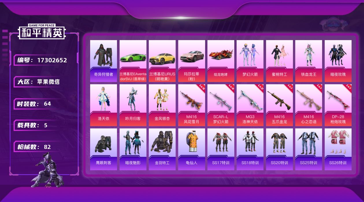 和平精英账号苹果微信[17302652]【店主推荐捡漏号！可直接换绑】苹果 微信-无敌战神框-7粉装-6特效枪-5载具-1粉色飞行器-34442热力值-6王牌印记-64套装-82枪皮【热门品类】：粉装-梦幻火箭，套装-奇