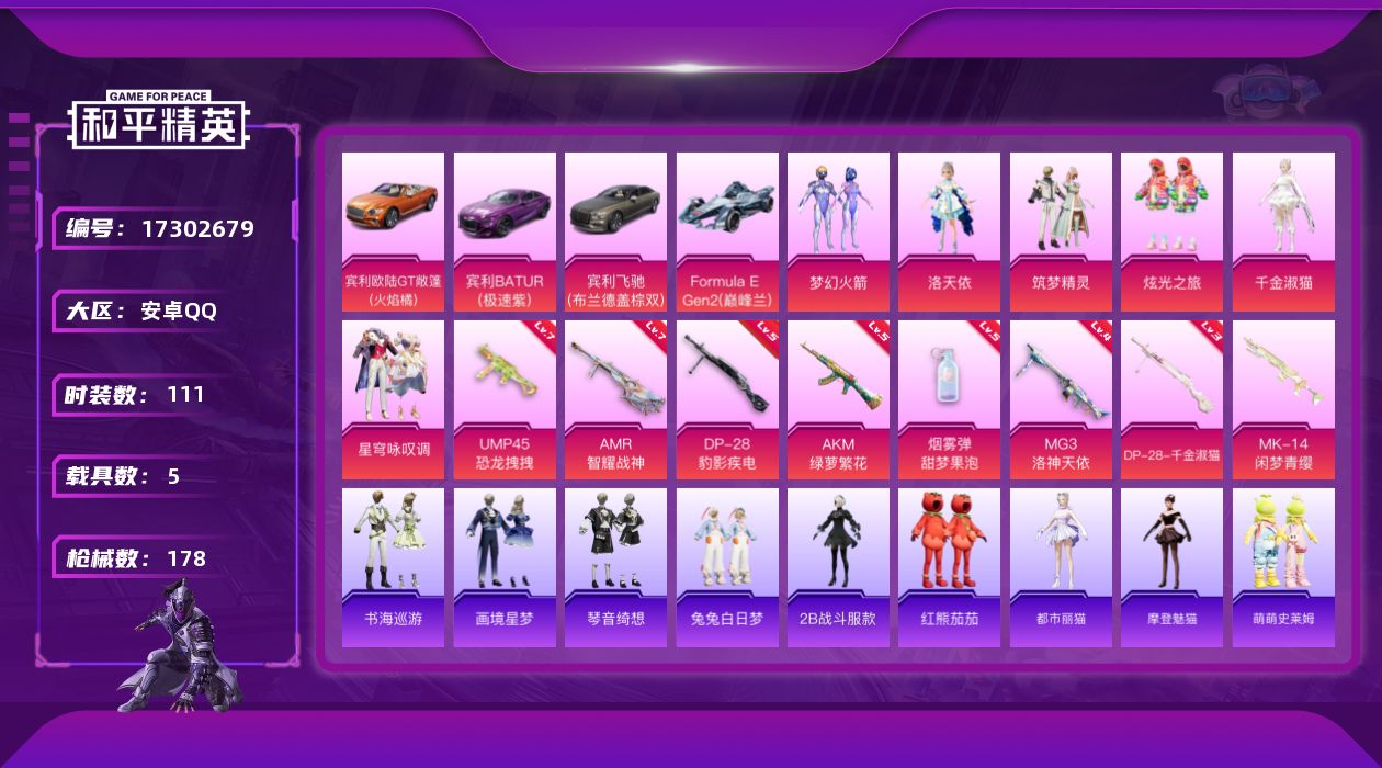 和平精英账号安卓QQ[17302679]背包1200扭蛋碎片【特价出售/店主推荐】安卓 手Q-1神装-6粉装-10特效枪-5载具-4粉色飞行器-62434热力值-12王牌印记-111套装-178枪皮【红色神装等级】：暮色