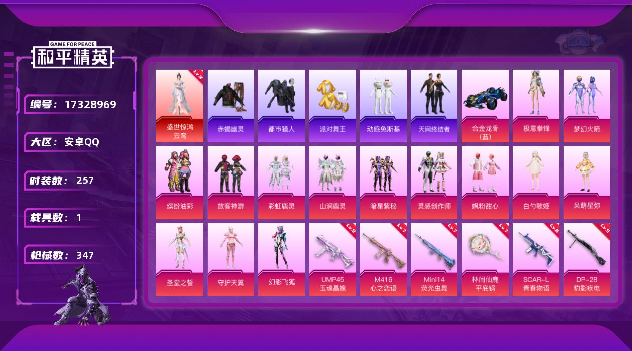 和平精英账号安卓QQ[17328969]安卓 手Q-无敌战神框-1神装-14粉装-15特效枪-1载具-6粉色飞行器-120892热力值-32王牌印记-257套装-347枪皮
【红色神装等级】：盛世惊鸿-云鸾(三级)
【红