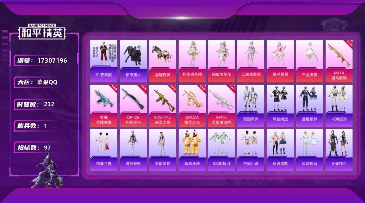 和平精英账号苹果QQ3粉装 7特效枪 1载具 4印记 可二次 可修改实名 
【热门装扮】千金淑猫,云端星象师,绝对恒星,