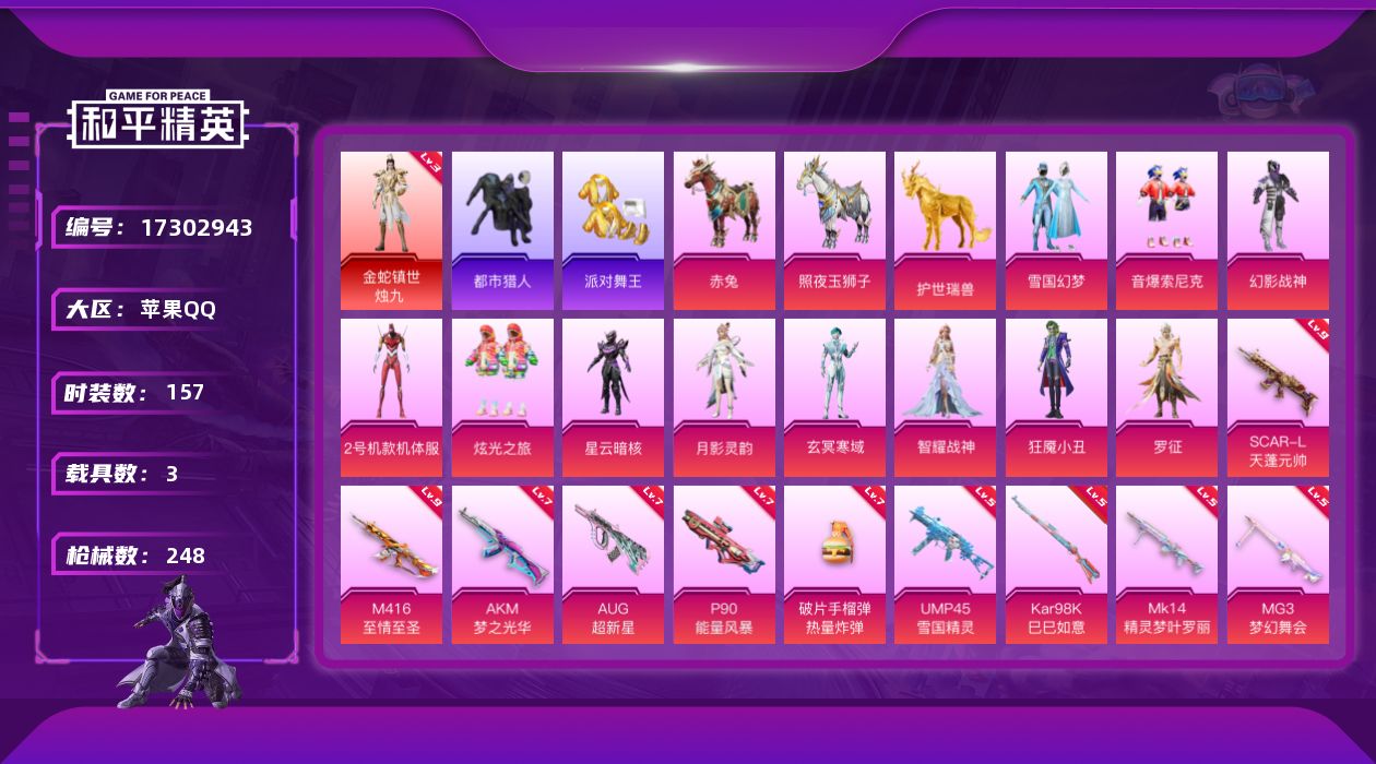 和平精英账号苹果QQ[17302943]9级sg 9级m4 苹果 手Q-无敌战神框-1神装-12粉装-14特效枪-3载具-11粉色飞行器-90110热力值-16王牌印记-157套装-248枪皮
【红色神装等级】：金蛇镇世
