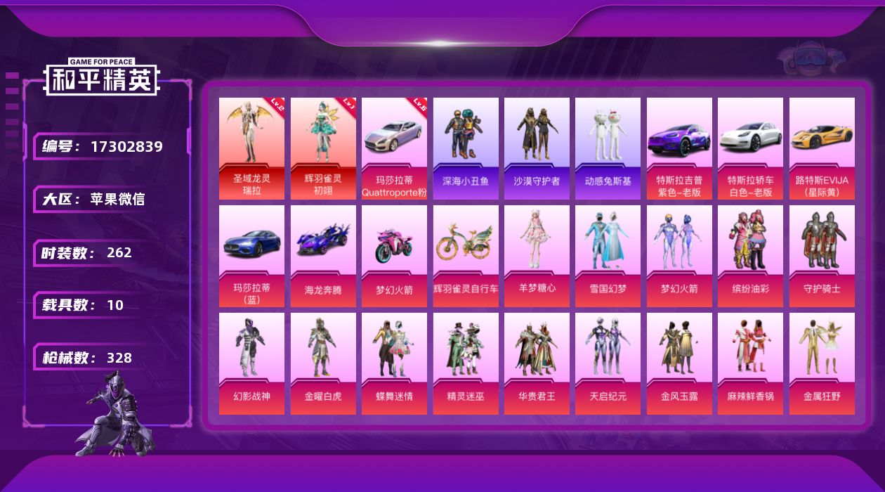 和平精英账号苹果微信[17302839]【特价出售/店主推荐】 苹果 微信-2神装-38粉装-29特效枪-10载具-14粉色飞行器-169542热力值-14王牌印记-262套装-328枪皮【红色载具】：玛莎拉蒂Quatt