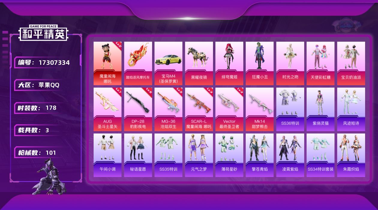 和平精英账号苹果QQ3载具-46套装-101枪皮-1红装3载具5粉装6特效枪1热门46套装101枪皮 34572热力值 
