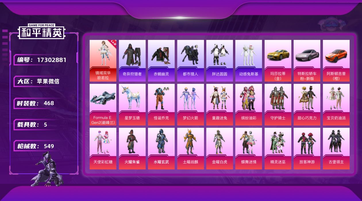 和平精英账号苹果微信[17302881]6级欧若拉【特价出售/店主推荐】苹果 微信-无敌战神框-1神装-72粉装-25特效枪-5载具-14粉色飞行器-23·5w热力值-29王牌印记-468套装-549枪皮
【红色神装等级