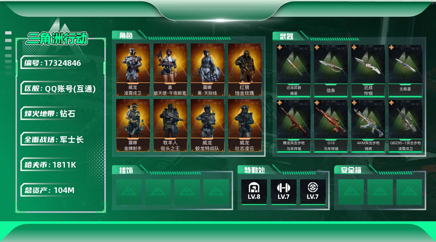 三角洲行动账号QQ【4423】104m总资产-1811k哈伏币-60烽火等级-钻石-50战场等级-军士长
【干员外观】