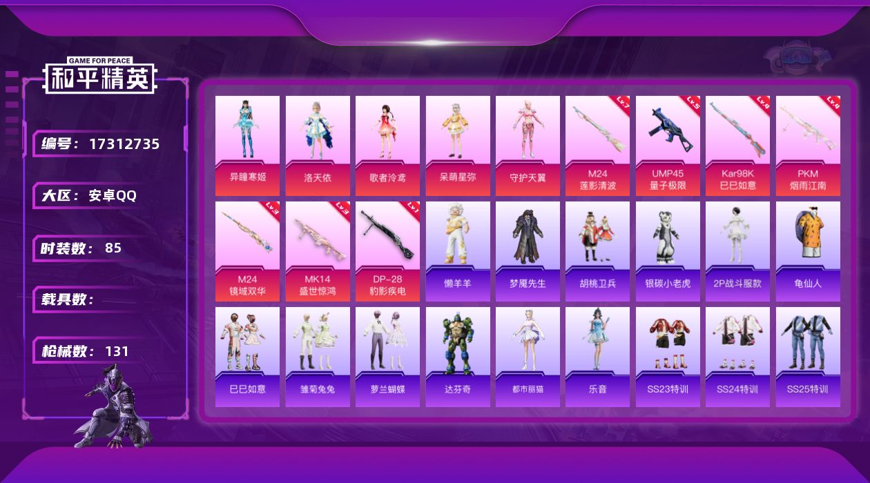 和平精英账号安卓QQ[17312735]安卓 手Q-5粉装-7特效枪-0载具-3粉色飞行器-43785热力值-4王牌印记-85套装-131枪皮
【热门品类】：角色-2P战斗服款，套装-龟仙人
【粉色套装】：角色-洛天依，