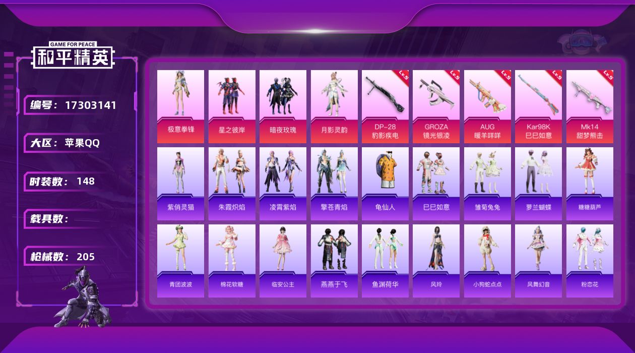 和平精英账号苹果QQ[17303141]可二次【特价出售/店主推荐】苹果 手Q-4粉装-5特效枪-0载具-2粉色飞行器-59277热力值-15王牌印记-148套装-205枪皮
【热门品类】：套装-龟仙人
【粉色套装】：粉