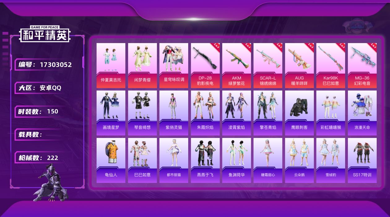 和平精英账号安卓QQ[17303052]【特价出售/店主推荐】安卓 手Q-3粉装-6特效枪-0载具-3粉色飞行器-62682热力值-11王牌印记-150套装-222枪皮
【热门品类】：套装-浪漫天命，套装-龟仙人【粉色套