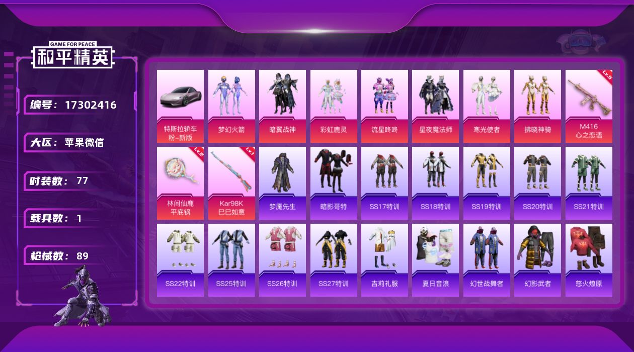 和平精英账号苹果微信[17302416]【特价出售/店主推荐】苹果 微信-7粉装-3特效枪-1载具-3粉色飞行器-3·2w热力值-6王牌印记-77套装-89枪皮
【热门品类】：粉装-梦幻火箭，套装-暗影哥特
【粉色套装】