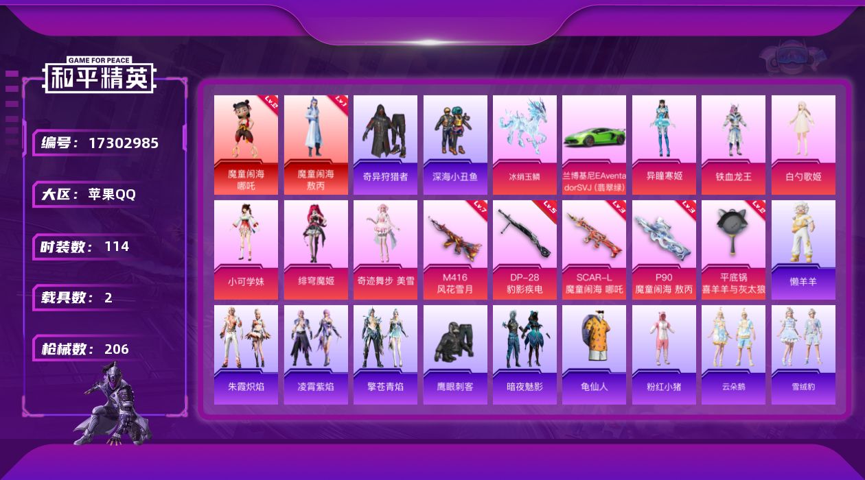 和平精英账号苹果QQ[17302985]【特价出售/店主推荐】 苹果 手Q-无敌战神框-2神装-6粉装-7特效枪-2载具-4粉色飞行器-63827热力值-14王牌印记-114套装-206枪皮【红色神装等级】：魔童闹海-敖