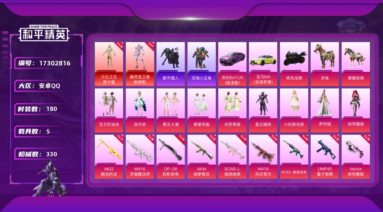和平精英账号安卓QQ[17302816]【特价出售/店主推荐】安卓 手Q-3神装-9粉装-24特效枪-5载具-15粉色飞行器-108916热力值-18王牌印记-180套装-330枪皮【红色神装等级】：暮色玫影-艾丽娅(一