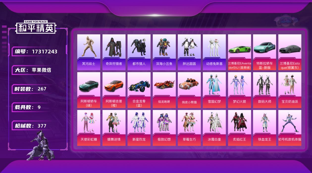 和平精英账号苹果微信[17317243]【店主推荐捡漏号！可直接换绑】苹果 微信-无敌战神框-20粉装-12特效枪-9载具-3粉色飞行器-139532热力值-21王牌印记-267套装-377枪皮【热门品类】：粉装-雪国幻