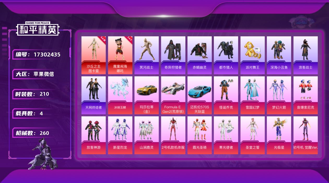 和平精英账号苹果微信[17302435]2套6级红装可随意切换等级【特价出售/店主推荐】苹果 微信-2神装-18粉装-10特效枪-4载具-7粉色飞行器-108548热力值-15王牌印记-210套装-260枪皮
【红色神装