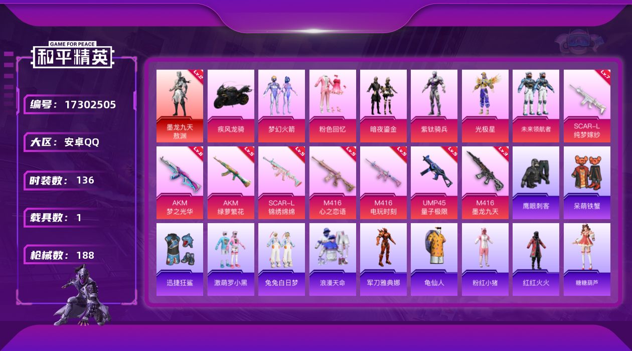 和平精英账号安卓QQ[17302505]【特价出售/店主推荐】安卓 手Q-1神装-6粉装-8特效枪-1载具-5粉色飞行器-6·4w热力值-11王牌印记-136套装-188枪皮
【红色神装等级】：墨龙九天-敖渊(二级)
【