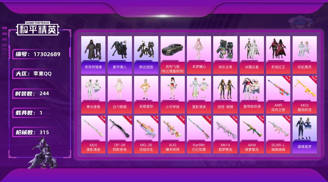 和平精英账号苹果QQ[17302689]【特价出售/店主推荐】地铁满天赋 苹果 手Q-无敌战神框-12粉装-10特效枪-1载具-7粉色飞行器-96842热力值-12王牌印记-244套装-315枪皮【热门品类】：套装-浪漫