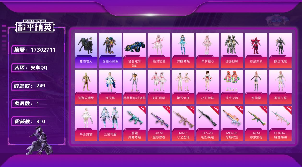 和平精英账号安卓QQ[17302711]【特价出售/店主推荐】安卓 手Q-无敌战神框-18粉装-16特效枪-1载具-3粉色飞行器-110401热力值-17王牌印记-249套装-310枪皮【热门品类】：套装-都市猎人，套装