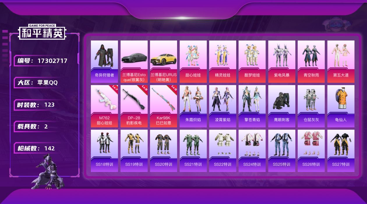和平精英账号苹果QQ[17302717]【店主推荐捡漏号！可直接换绑】苹果 手Q-6粉装-3特效枪-2载具-1粉色飞行器-43101热力值-12王牌印记-123套装-142枪皮【热门品类】：套装-奇异狩猎者，套装-龟仙人