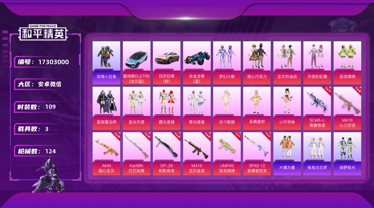 和平精英账号安卓微信[17303000]安卓 微信-13粉装-8特效枪-3载具-5粉色飞行器-53406热力值-12王牌印记-109套装-124枪皮
【热门品类】：粉装-梦幻火箭，套装-深海小丑鱼，套装-粉红小猪
【粉色