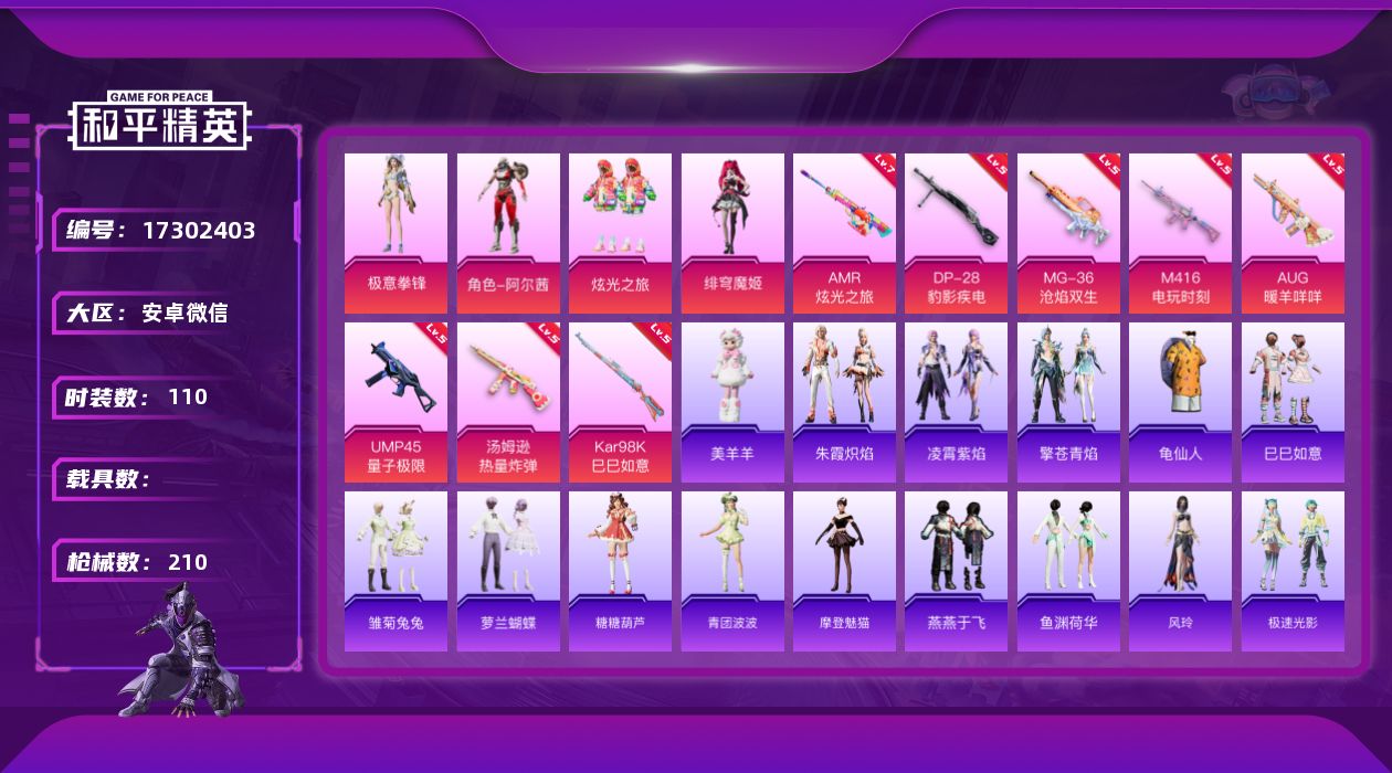 和平精英账号安卓微信[17302403]【店主推荐捡漏号！可直接换绑】安卓 微信-4粉装-9特效枪-0载具-5粉色飞行器-58758热力值-8王牌印记-110套装-210枪皮【热门品类】：套装-龟仙人【粉色套装】：角色-