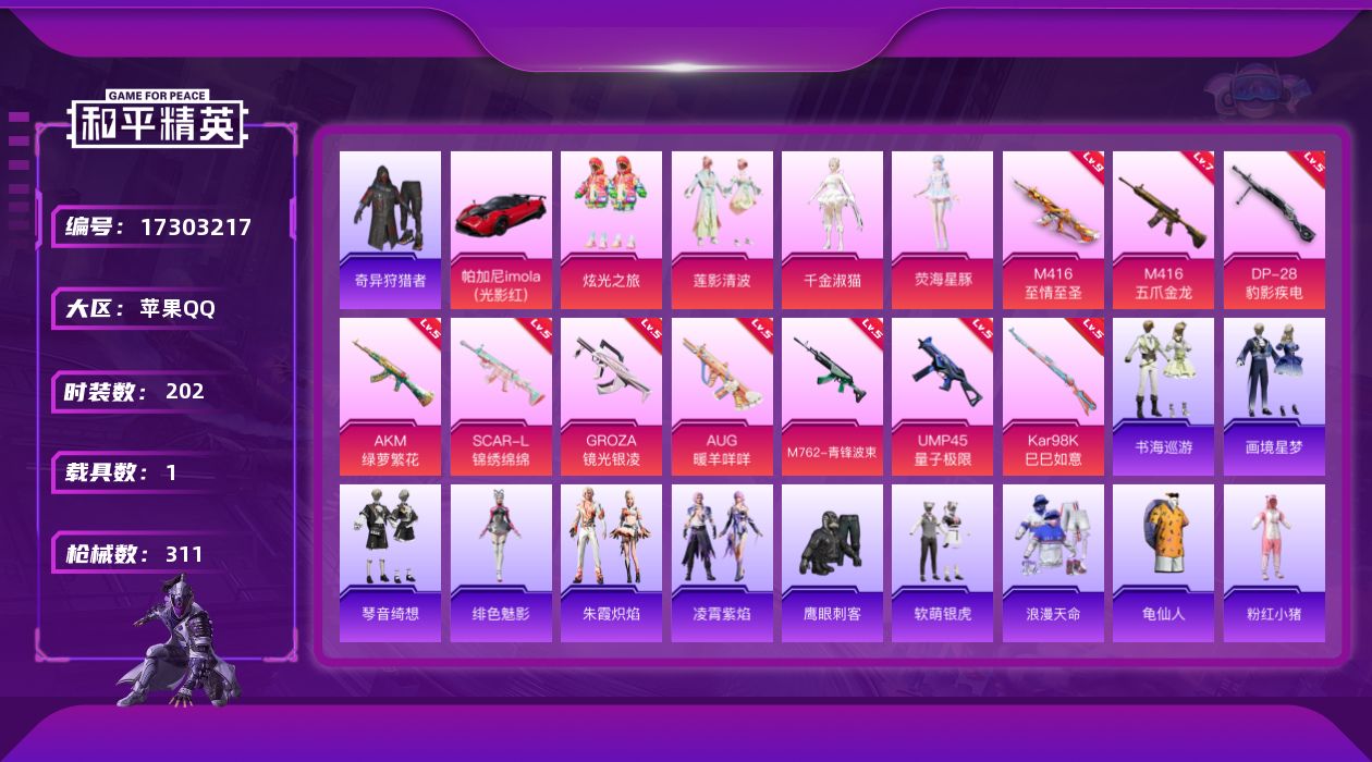和平精英账号苹果QQ[17303217]【特价出售/店主推荐】苹果 手Q-4粉装-13特效枪-1载具-3粉色飞行器-96822热力值-25王牌印记-202套装-311枪皮
【热门品类】：套装-浪漫天命，套装-奇异狩猎者，
